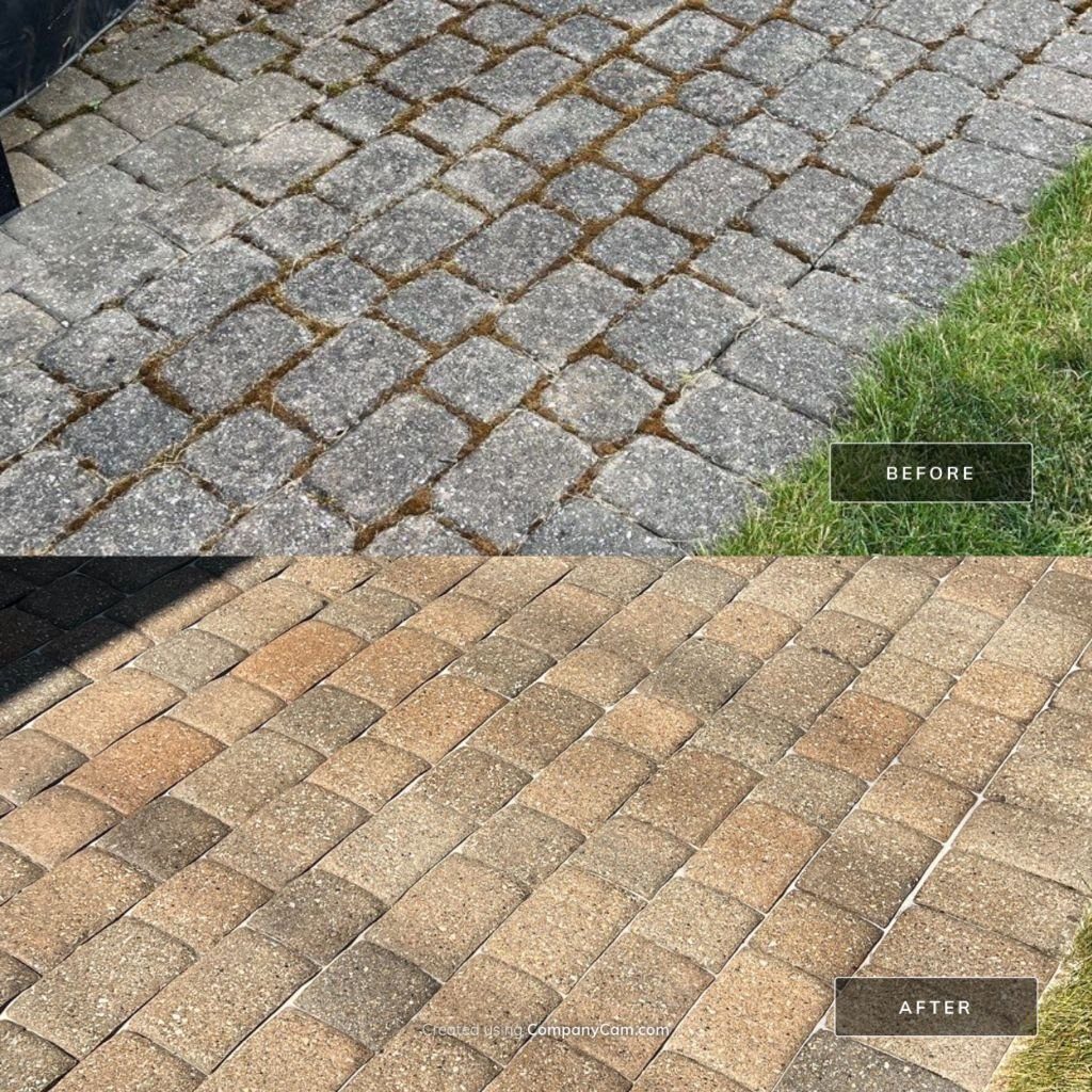 Paver patio before and after cleaning and sealing