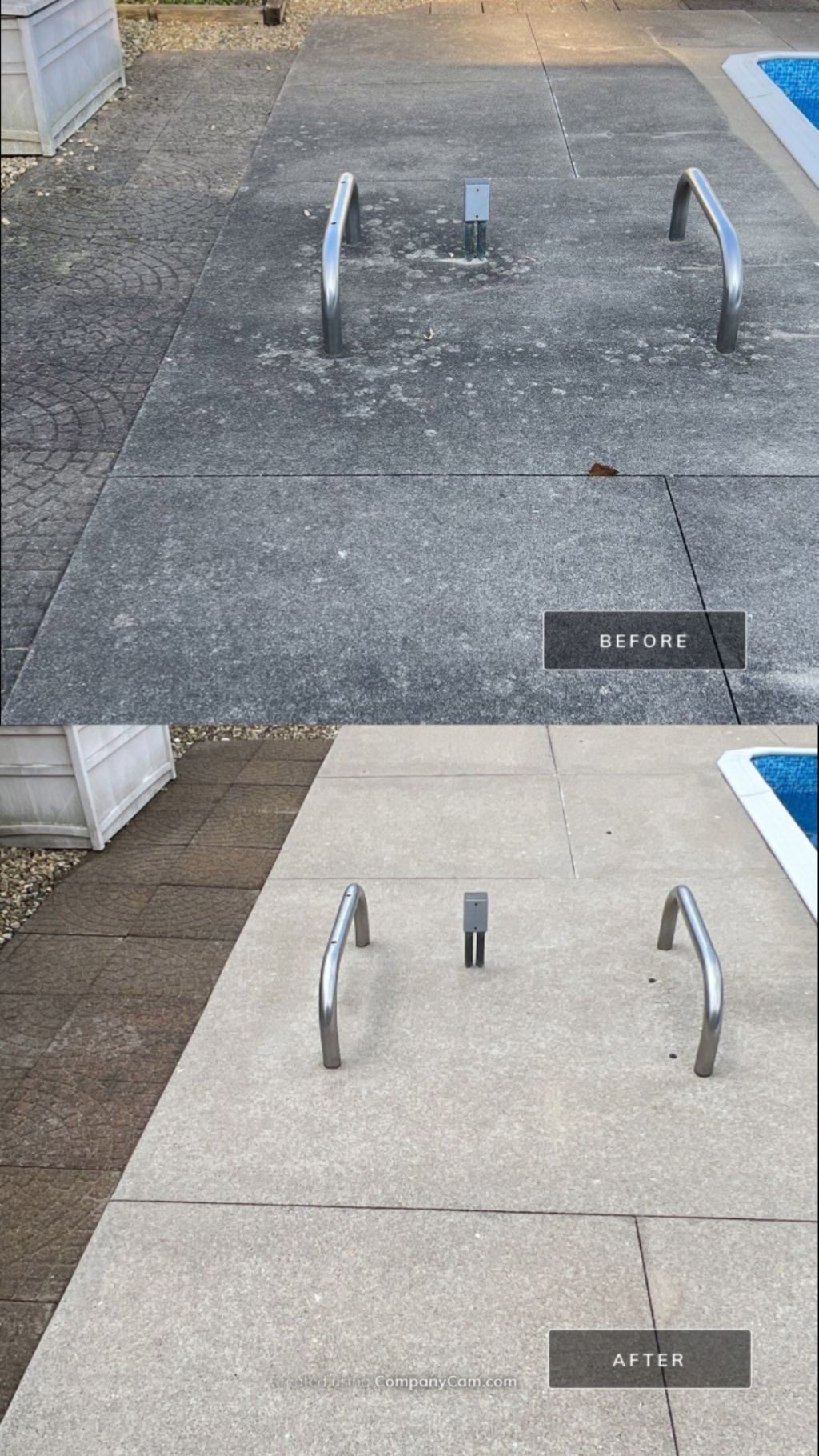 Concrete pool deck before and after cleaning